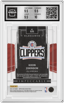 Keon Johnson from the 2021-22 Panini Impeccable Basketball Cards set featuring a Asia parallel graded by Arena Club and given an overall grade of 10.