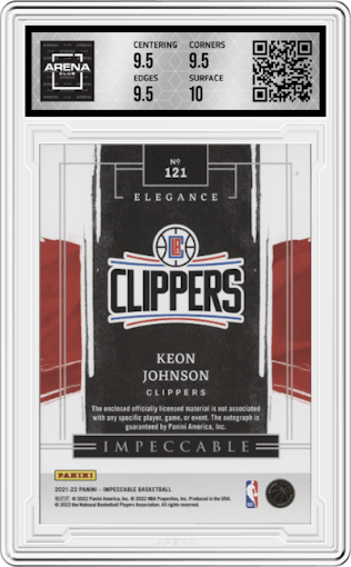 Keon Johnson from the 2021-22 Panini Impeccable Basketball Cards set featuring a Asia parallel graded by Arena Club and given an overall grade of 10.