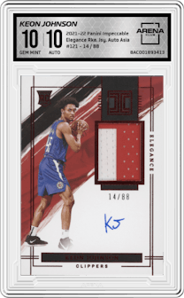 Keon Johnson from the 2021-22 Panini Impeccable Basketball Cards set featuring a Asia parallel graded by Arena Club and given an overall grade of 10.