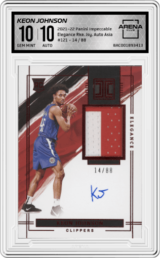 Keon Johnson from the 2021-22 Panini Impeccable Basketball Cards set featuring a Asia parallel graded by Arena Club and given an overall grade of 10.