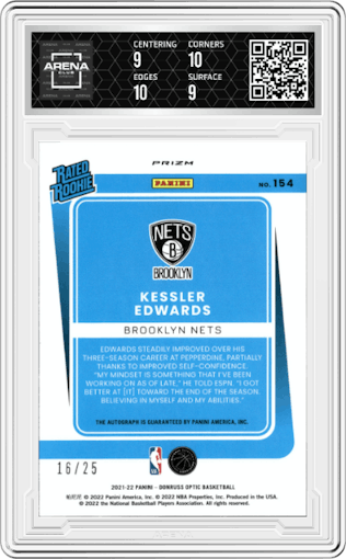 Kessler Edwards from the 2021-22 Panini Donruss Optic set featuring a Pink parallel graded by Arena Club and given an overall grade of 9.5.