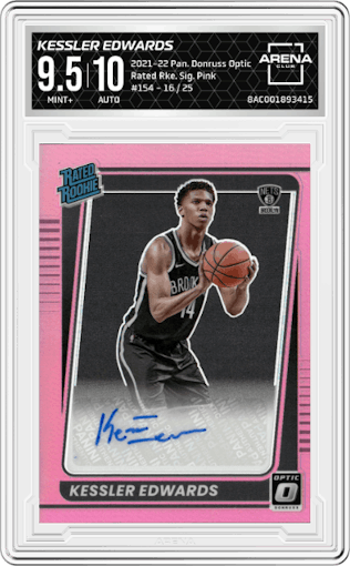 Kessler Edwards from the 2021-22 Panini Donruss Optic set featuring a Pink parallel graded by Arena Club and given an overall grade of 9.5.