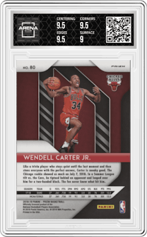 Wendell Carter Jr. from the 2018-19 Panini Prizm set featuring a Red Ice parallel graded by Arena Club and given an overall grade of 9.5.