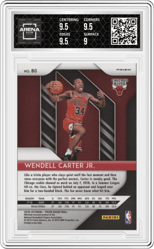 Wendell Carter Jr. from the 2018-19 Panini Prizm set featuring a Red Ice parallel graded by Arena Club and given an overall grade of 9.5.