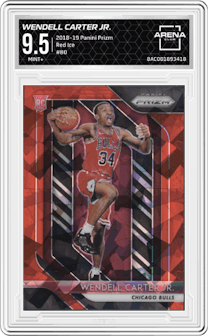 Wendell Carter Jr. from the 2018-19 Panini Prizm set featuring a Red Ice parallel graded by Arena Club and given an overall grade of 9.5.
