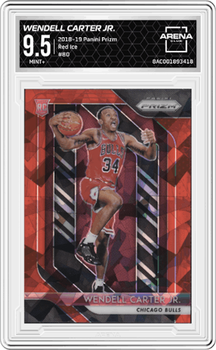 Wendell Carter Jr. from the 2018-19 Panini Prizm set featuring a Red Ice parallel graded by Arena Club and given an overall grade of 9.5.