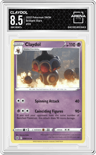 Claydol from the 2022 Pokemon SWSH set graded by Arena Club and given an overall grade of 8.5.