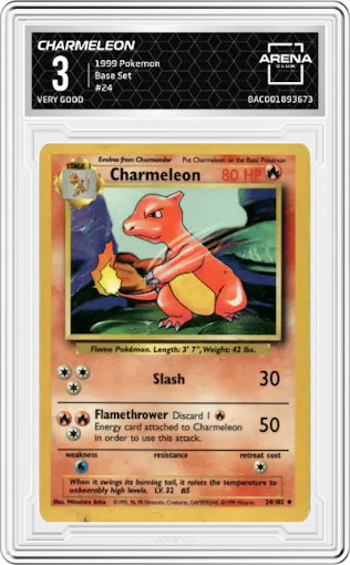 Charmeleon from the 1999 Pokemon set graded by Arena Club and given an overall grade of 3.