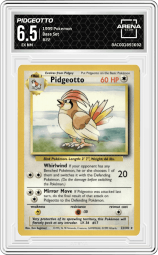 Pidgeotto from the 1999 Pokemon set graded by Arena Club and given an overall grade of 6.5.