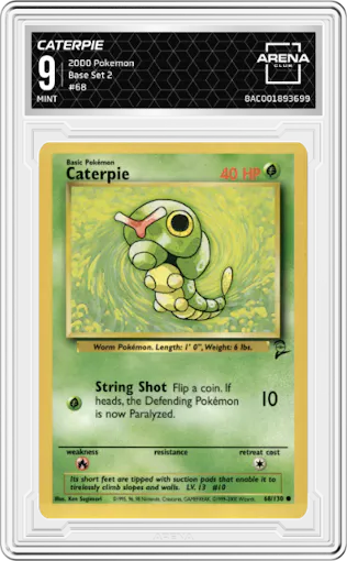 Caterpie from the 2000 Pokemon set graded by Arena Club and given an overall grade of 9.