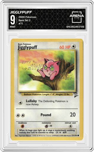 Jigglypuff from the 2000 Pokemon set graded by Arena Club and given an overall grade of 9.
