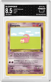 Slowpoke from the 1999 Pokemon set graded by Arena Club and given an overall grade of 8.5.