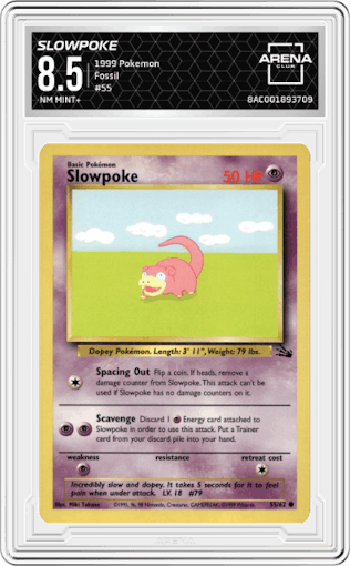 Slowpoke from the 1999 Pokemon set graded by Arena Club and given an overall grade of 8.5.
