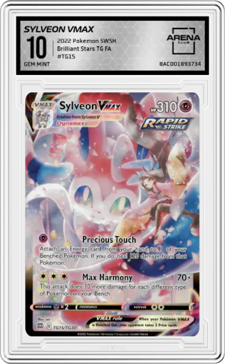Sylveon Vmax from the 2022 Pokemon SWSH set graded by Arena Club and given an overall grade of 10.