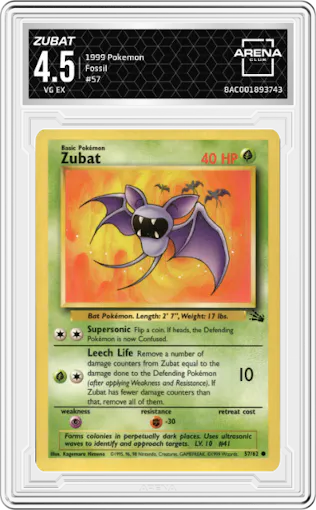 Zubat from the 1999 Pokemon set graded by Arena Club and given an overall grade of 4.5.