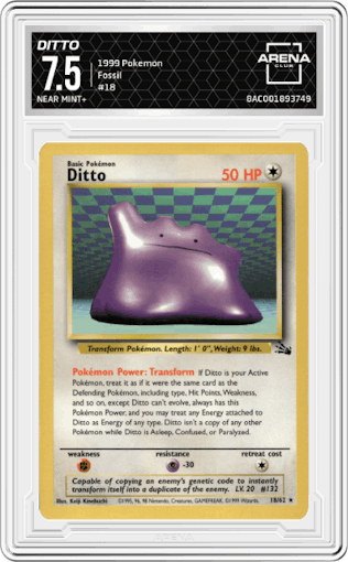 Ditto from the 1999 Pokemon set graded by Arena Club and given an overall grade of 7.5.