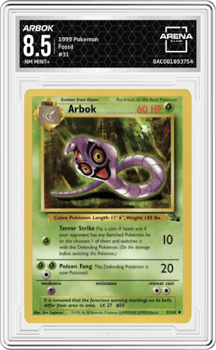 Arbok from the 1999 Pokemon set graded by Arena Club and given an overall grade of 8.5.