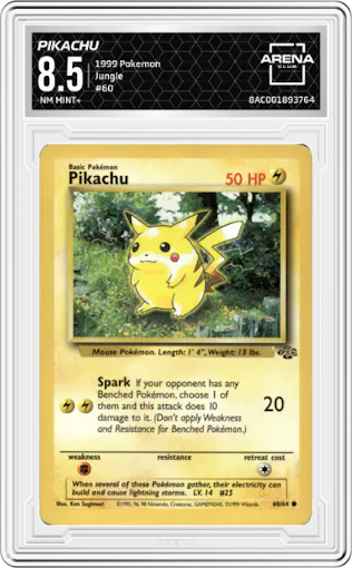 Pikachu from the 1999 Pokemon set graded by Arena Club and given an overall grade of 8.5.