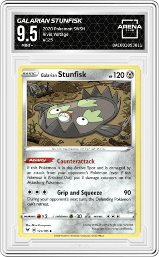 Galarian Stunfisk from the 2020 Pokemon SWSH set graded by Arena Club and given an overall grade of 9.5.