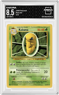 Kakuna from the 1999 Pokemon set graded by Arena Club and given an overall grade of 8.5.