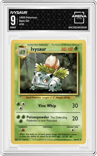 Ivysaur from the 1999 Pokemon set graded by Arena Club and given an overall grade of 9.