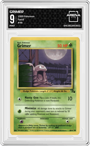 Grimer from the 1999 Pokemon set graded by Arena Club and given an overall grade of 9.