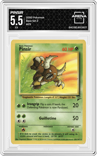 Pinsir from the 2000 Pokemon set graded by Arena Club and given an overall grade of 5.5.