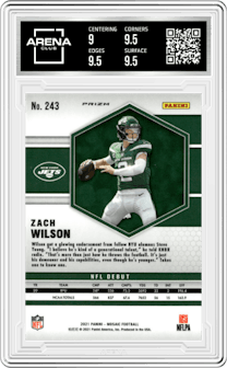 Zach Wilson from the 2021 Panini Mosaic set featuring a Reactive Orange parallel graded by Arena Club and given an overall grade of 9.5.