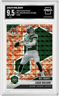 Zach Wilson from the 2021 Panini Mosaic set featuring a Reactive Orange parallel graded by Arena Club and given an overall grade of 9.5.