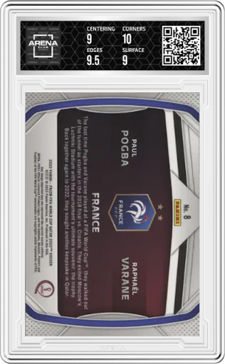 Paul Pogba/Raphael Varane from the 2022 Panini Prizm FIFA WC Qatar set graded by Arena Club and given an overall grade of 9.5.