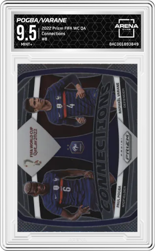 Paul Pogba/Raphael Varane from the 2022 Panini Prizm FIFA WC Qatar set graded by Arena Club and given an overall grade of 9.5.