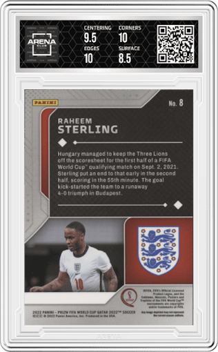 Raheem Sterling from the 2022 Panini Prizm FIFA WC Qatar set graded by Arena Club and given an overall grade of 9.