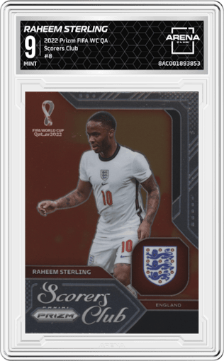 Raheem Sterling from the 2022 Panini Prizm FIFA WC Qatar set graded by Arena Club and given an overall grade of 9.