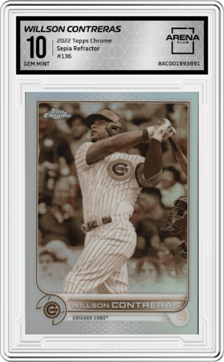 Willson Contreras from the 2022 Topps Chrome set featuring a Sepia Refractor parallel graded by Arena Club and given an overall grade of 10.