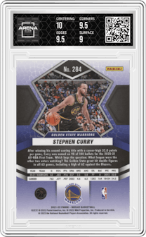 Stephen Curry from the 2021-22 Panini Mosaic  set graded by Arena Club and given an overall grade of 9.5.