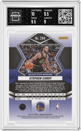 Stephen Curry from the 2021-22 Panini Mosaic  set graded by Arena Club and given an overall grade of 9.5.