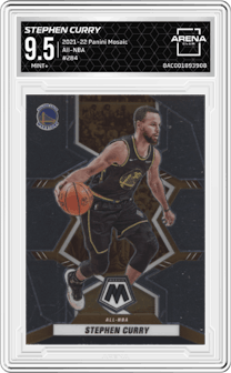 Stephen Curry from the 2021-22 Panini Mosaic  set graded by Arena Club and given an overall grade of 9.5.
