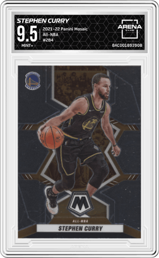 Stephen Curry from the 2021-22 Panini Mosaic  set graded by Arena Club and given an overall grade of 9.5.