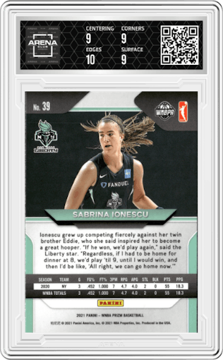 Sabrina Ionescu from the 2021 Panini Prizm WNBA  set graded by Arena Club and given an overall grade of 9.5.