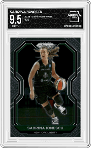 Sabrina Ionescu from the 2021 Panini Prizm WNBA  set graded by Arena Club and given an overall grade of 9.5.