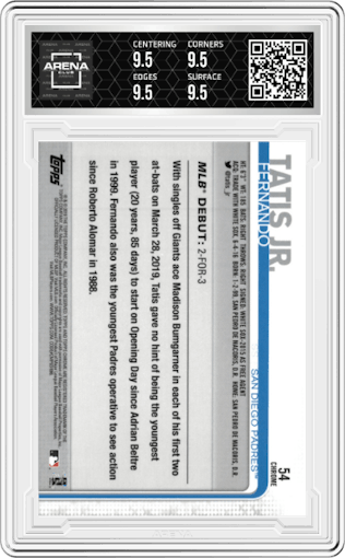 Fernando Tatis Jr. from the 2019 Topps Chrome Update set graded by Arena Club and given an overall grade of 9.5.