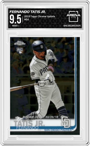 Fernando Tatis Jr. from the 2019 Topps Chrome Update set graded by Arena Club and given an overall grade of 9.5.