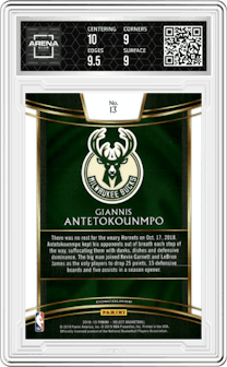 Giannis Antetokounmpo from the 2018-19 Panini Select  set graded by Arena Club and given an overall grade of 9.5.