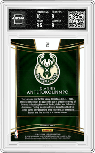 Giannis Antetokounmpo from the 2018-19 Panini Select  set graded by Arena Club and given an overall grade of 9.5.