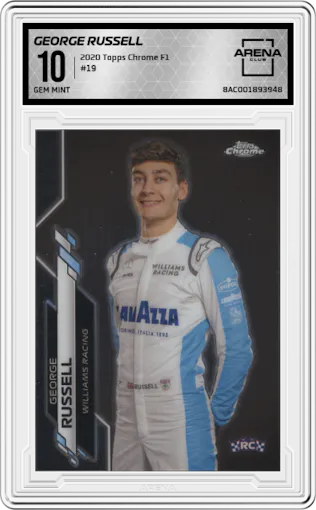 George Russell from the 2020 Topps Chrome F1  set graded by Arena Club and given an overall grade of 10.