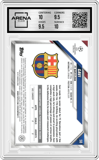 Gavi from the 2021-22 Topps UEFA Champions League 1st Edition set graded by Arena Club and given an overall grade of 10.