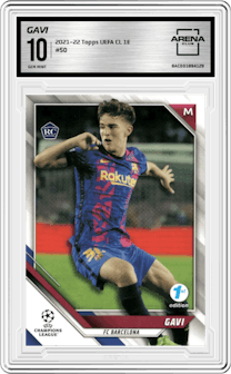 Gavi from the 2021-22 Topps UEFA Champions League 1st Edition set graded by Arena Club and given an overall grade of 10.