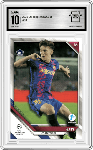 Gavi from the 2021-22 Topps UEFA Champions League 1st Edition set graded by Arena Club and given an overall grade of 10.