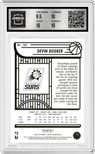 Devin Booker from the 2022-23 Panini NBA Hoops set featuring a Gravity  parallel graded by Arena Club and given an overall grade of 10.