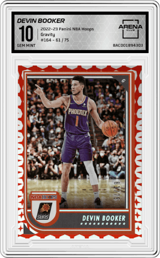 Devin Booker from the 2022-23 Panini NBA Hoops set featuring a Gravity  parallel graded by Arena Club and given an overall grade of 10.